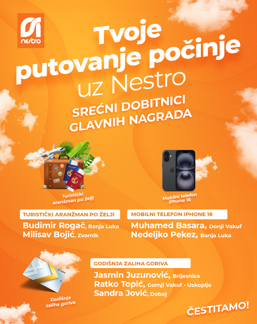 Srećni dobitnici glavnih nagrada u nagradnoj igri „Tvoje putovanje počinje uz Nestro!